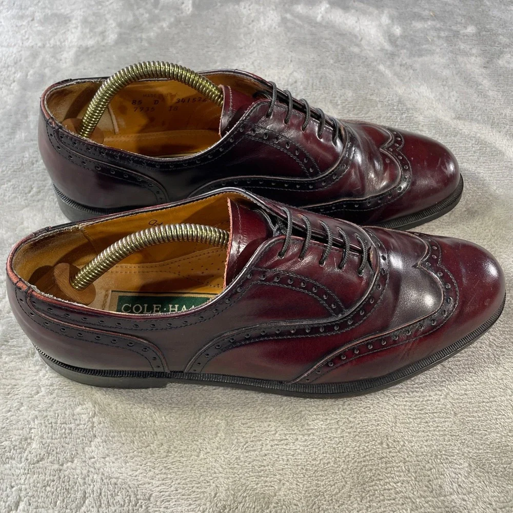 Cole Haan Dress Shoes Wingtip Oxford Brogue Mens 8.5 Burgundy Leather Office USA